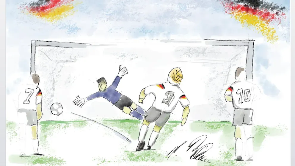 Ein echter Brehme: Andreas Brehme hat sein WM-Tor von 1990 selbst gemalt. (c) Sport1