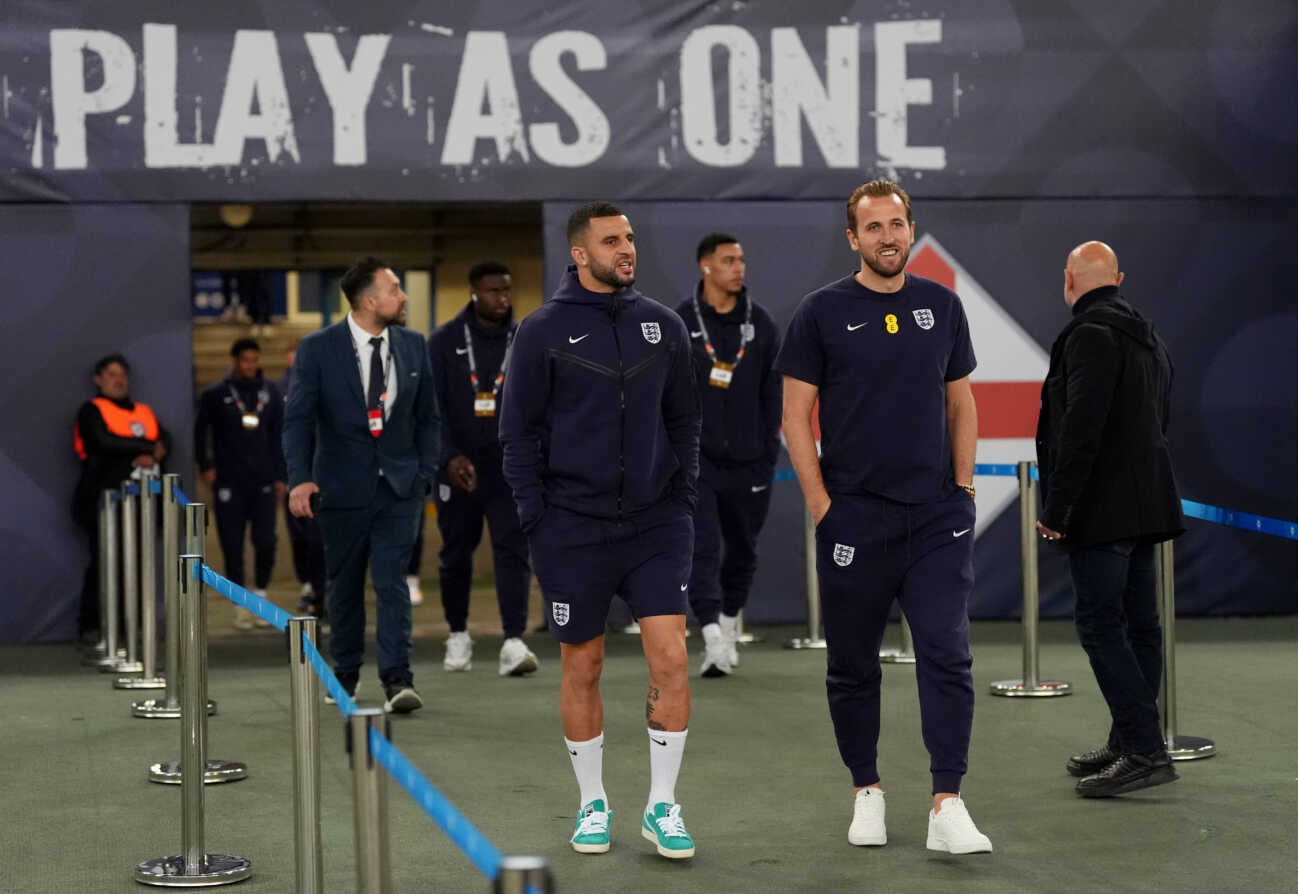 greece-v-england-uefa-1053895138 Greece v England - UEFA Nations League - Group B2 - Athens Olympic Stadium England s Kyle Walker (left) and Harry Kane before the UEFA Nations League Group B2 match at the Athens Olympic Stadium in Greece. Picture date: Thursday November 14, 2024. Use subject to restrictions. Editorial use only, no commercial use without prior consent from rights holder. PUBLICATIONxNOTxINxUKxIRL Copyright: xBradleyxCollyerx 78205521