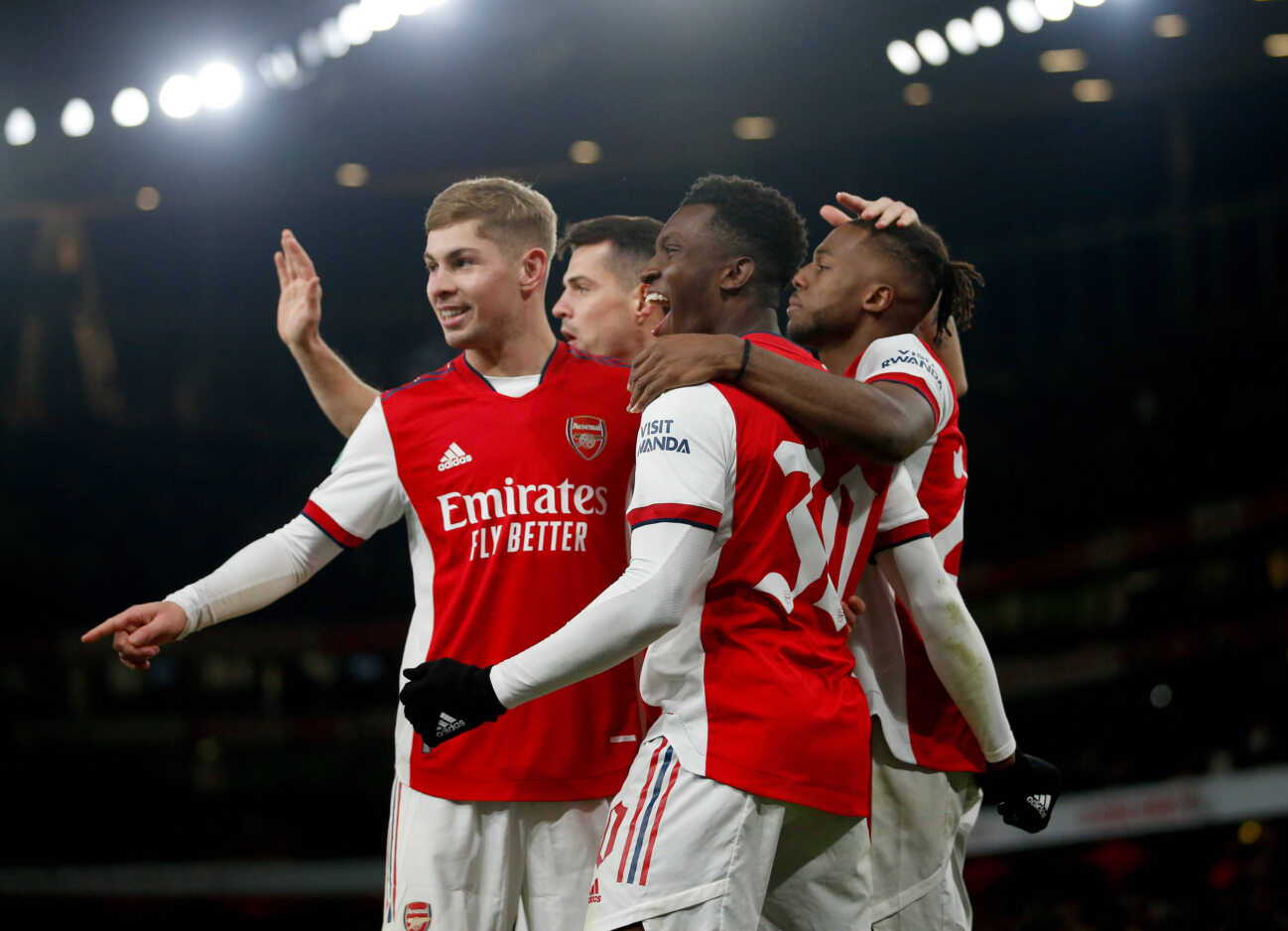 Mandatory Credit: Photo by Matt Impey/Shutterstock 12654706ag Eddie Nketiah 30 celebrates scoring his 3rd goal , Arsenal s 4th, with teammates Emile Smith Rowe, Granit Xhaka and Nuno Tavares Arsenal v Sunderland, Football,Carabao Cup 1/4 Final, Emirates Stadium, Islington, London, UK - 21/12/2021 EDITORIAL USE ONLY No use with unauthorised audio, video, data, fixture lists outside the EU, club/league logos or live services. Online in-match use limited to 45 images 15 in extra time. No use to emulate moving images. No use in betting, games or single club/league/player publications/services. Arsenal v Sunderland, Football,Carabao Cup 1/4 Final, Emirates Stadium, Islington, London, UK - 21/12/2021 EDITORIAL USE ONLY No use with unauthorised audio, video, data, fixture lists outside the EU, club/league logos or live services. Online in-match use limited to 45 images 15 in extra time. No use to emulate moving images. No use in betting, games or PUBLICATIONxINxGERxSUIxAUTXHUNxGRExMLTxCYPxROMxBULxUAExKSAxONLY Copyright: xMattxImpey/Shutterstockx 12654706ag 