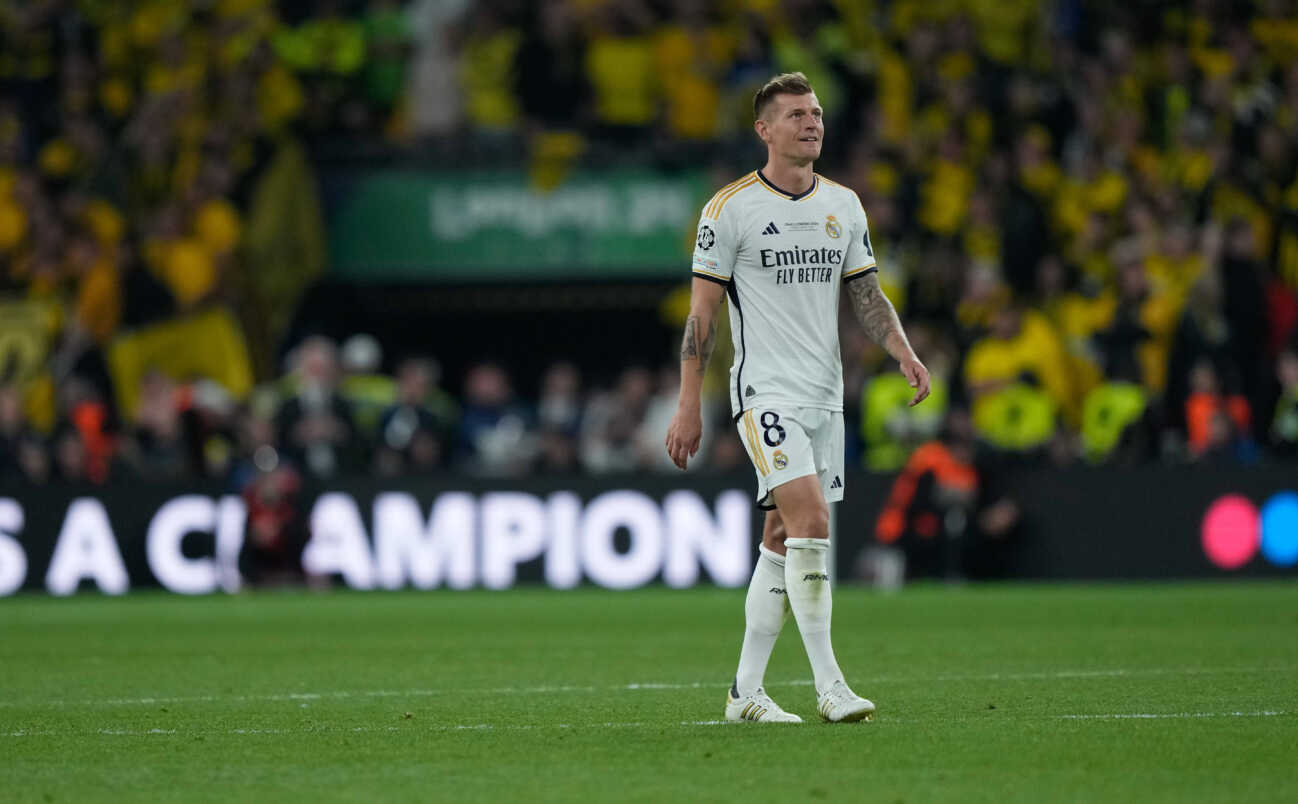 uefa-champions-league-2024-final-1045855801 UEFA Champions League 2024 Final: Borussia Dortmund vs. Real Madrid Toni Kroos celebrates his teammate s goal during the UEFA Champions League final match between Borussia Dortmund and Real Madrid on 1 June 2024, in London, United Kingdom London Wembley Stadium United Kingdom Copyright: xAlexandraxFechetex _ADR025101