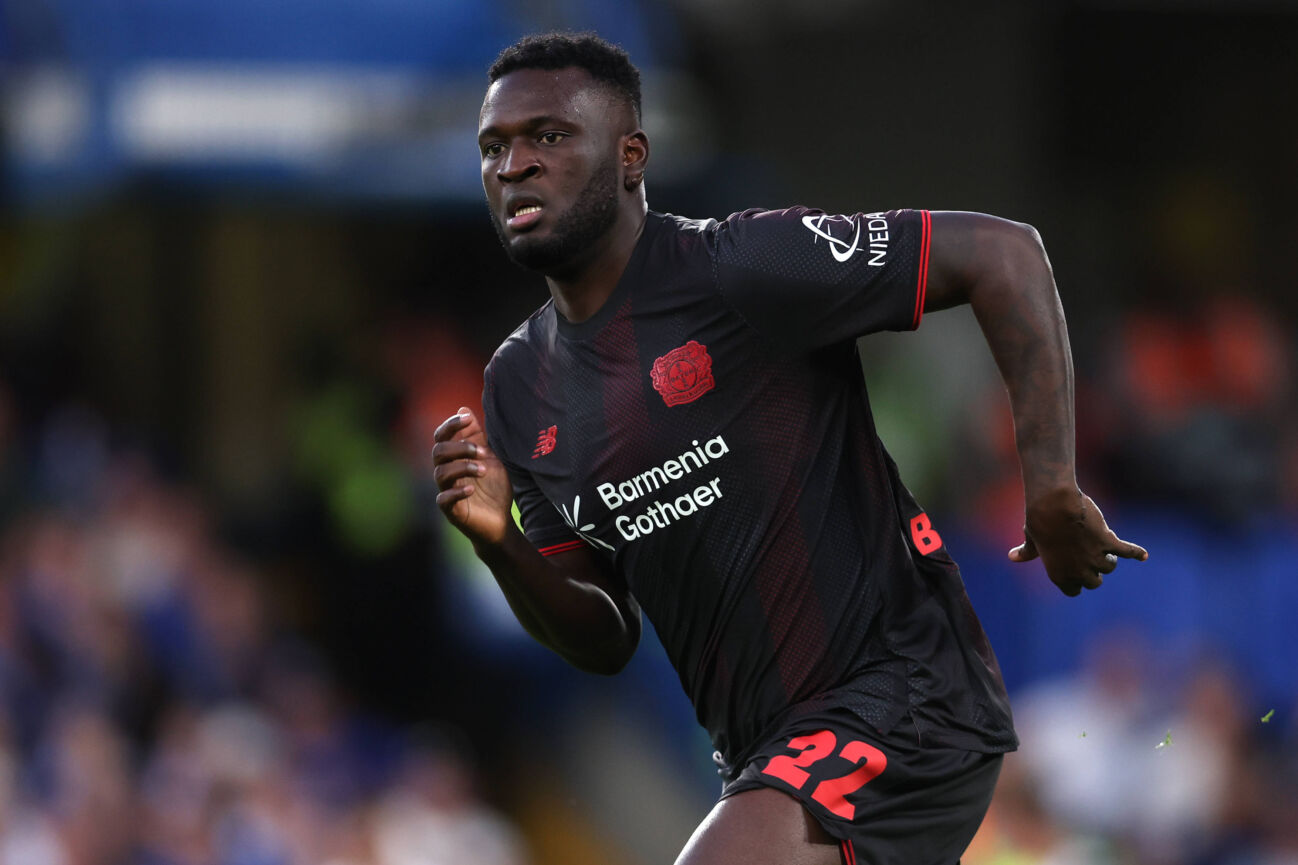 London, England, 8th August 2025. Victor Boniface of Bayer Leverkusen during the Chelsea vs Bayer Leverkusen Pre Season Friendly match at Stamford Bridge, London. Picture credit should read: Paul Terry Sportimage EDITORIAL USE ONLY. No use with unauthorised audio, video, data, fixture lists, club league logos or live services. Online in-match use limited to 120 images, no video emulation. No use in betting, games or single club league player publications. SPI_039_PT_Chelsea_Leverkusen SPI-4049-0039