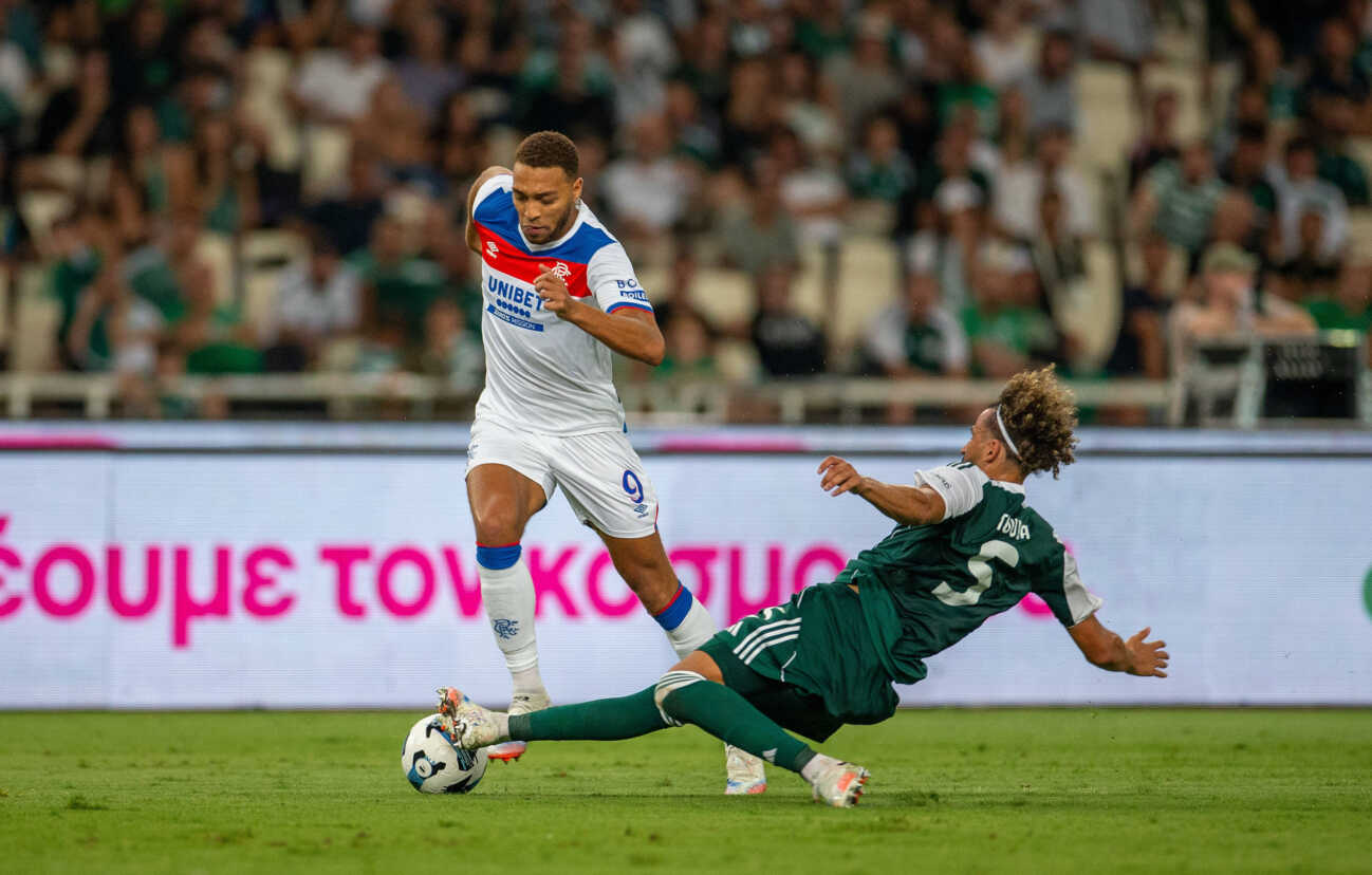 RECORD DATE NOT STATED 30th July 2025; Spiros Louis Olympic Stadium, Athens, Greece; UEFA Champions League Second Qualifying Round Second Leg Football, Panathinaikos versus Rangers; Ahmed Touba of Panathinaikos slide tackles Cyriel Dessers of Rangers PUBLICATIONxNOTxINxUK VagelisxGeorgariou