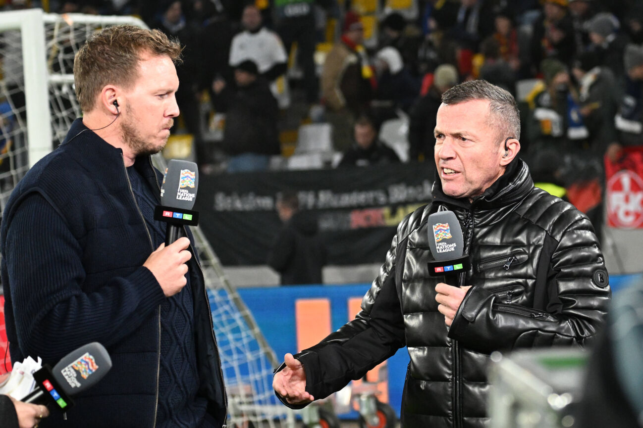 16.11.2024, xjhx, Fussball UEFA Nations League, Deutschland - Bosnien-Herzegowina emspor, v.l. Trainer Julian Nagelsmann (Deutsche Fussball Nationalmannschaft DFB) TV-Experte Lothar Matthäus (DFL DFB REGULATIONS PROHIBIT ANY USE OF PHOTOGRAPHS as IMAGE SEQUENCES and or QUASI-VIDEO) Freiburg *** 16 11 2024, xjhx, Football UEFA Nations League, Germany Bosnia Herzegovina emspor, v l Coach Julian Nagelsmann German National Football Team DFB TV Expert Lothar Matthäus DFL DFB REGULATIONS PROHIBIT ANY USE OF PHOTOGRAPHS as IMAGE SEQUENCES and or QUASI VIDEO Freiburg