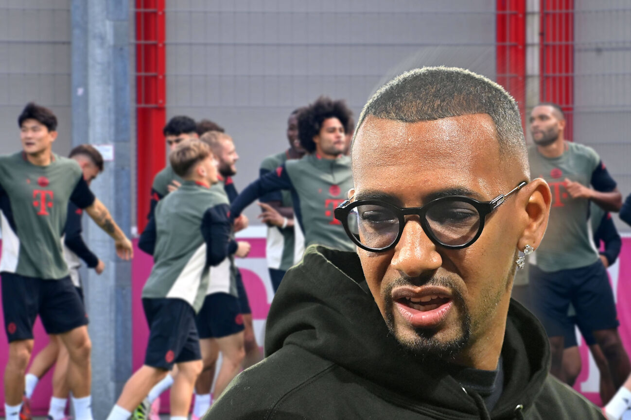 ACHTUNG FOTOMONTAGE: Ex-Profi Jerome Boateng kehrt auf den Trainingsplatz des FC Bayern Muenchen zurueck. Spaetestens Anfang des kommenden Jahres wird es soweit sein. Der Weltmeister von 2014 bestaeigte,dass er unter Trainer Vincent Kompany eine Hospitanz im Rahmen seiner Uebungsleiter-Ausbildung absolvieren werde., Training FC Bayern. *** ATTENTION PHOTO MONTAGE Former professional Jerome Boateng will return to the training ground of FC Bayern Munich at the beginning of next year at the latest The 2014 world champion confirmed that he will complete an internship under coach Vincent Kompany as part of his training manager training FC Bayern
