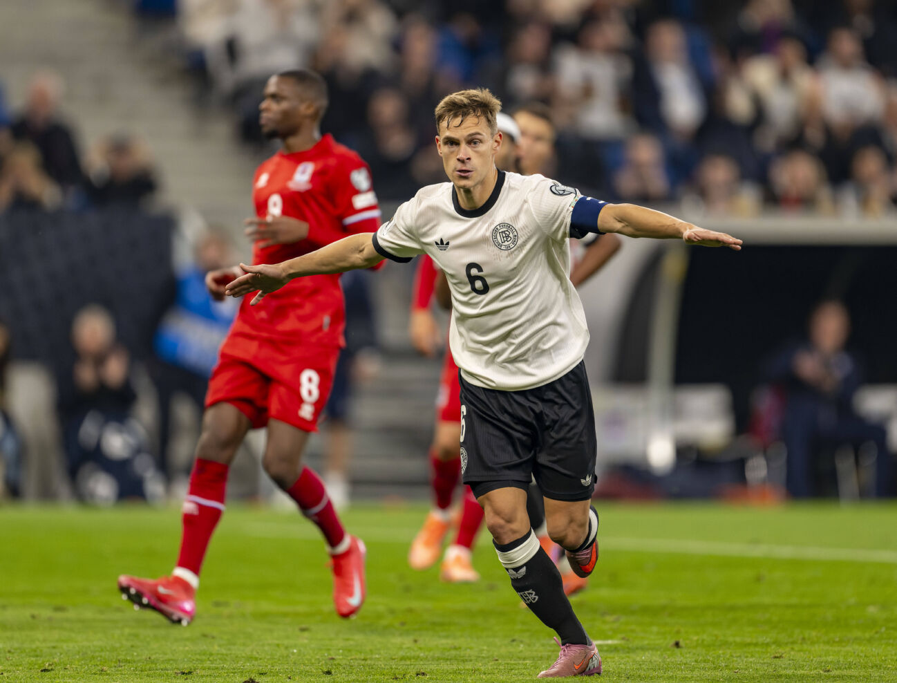 10.10.2025, Fussball WM-Qualifikation Europa 2025/26, 7.Spieltag, Deutschland - Luxemburg, in der PreZero-Arena Sinsheim. Torjubel, Joshua Kimmich Deutschland *** 10 10 2025, Football World Cup Qualification Europe 2025 26, Matchday 7, Germany Luxembourg, in the PreZero Arena Sinsheim Goal celebration, Joshua Kimmich Germany