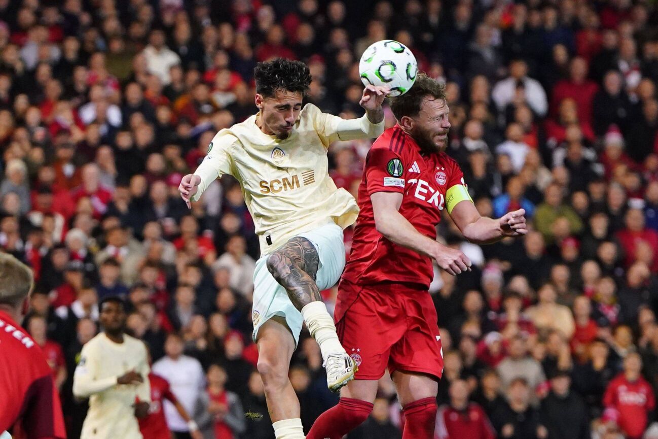 Nicky Devlin of Aberdeen challenges Marlon Gomes of Shakhtar Donetsk for the ball Aberdeen vs Shakhtar Donetsk, UEFA Conference League, Group Stage, Football, Pittodrie, Aberdeen, Scotland, UK - 02 Oct 2025Aberdeen Pittodrie Scotland United Kingdom EDITORIAL USE ONLY No use with unauthorised audio, video, data, fixture lists, club league logos or live services. Online in-match use limited to 120 images, no video emulation. No use in betting, games or single club league player publications. PUBLICATIONxINxGERxSUIxAUTxHUNxGRExMLTxCYPxROUxBULxUAExKSAxCHNxDENxINDxITAxPORxESPxSWExTURxMEXxCOLxVENxPERxECUxBRAxARGxCHIxURUxPARxPANxONLY Copyright: xPetexSummers Shutterstockx 15504060db